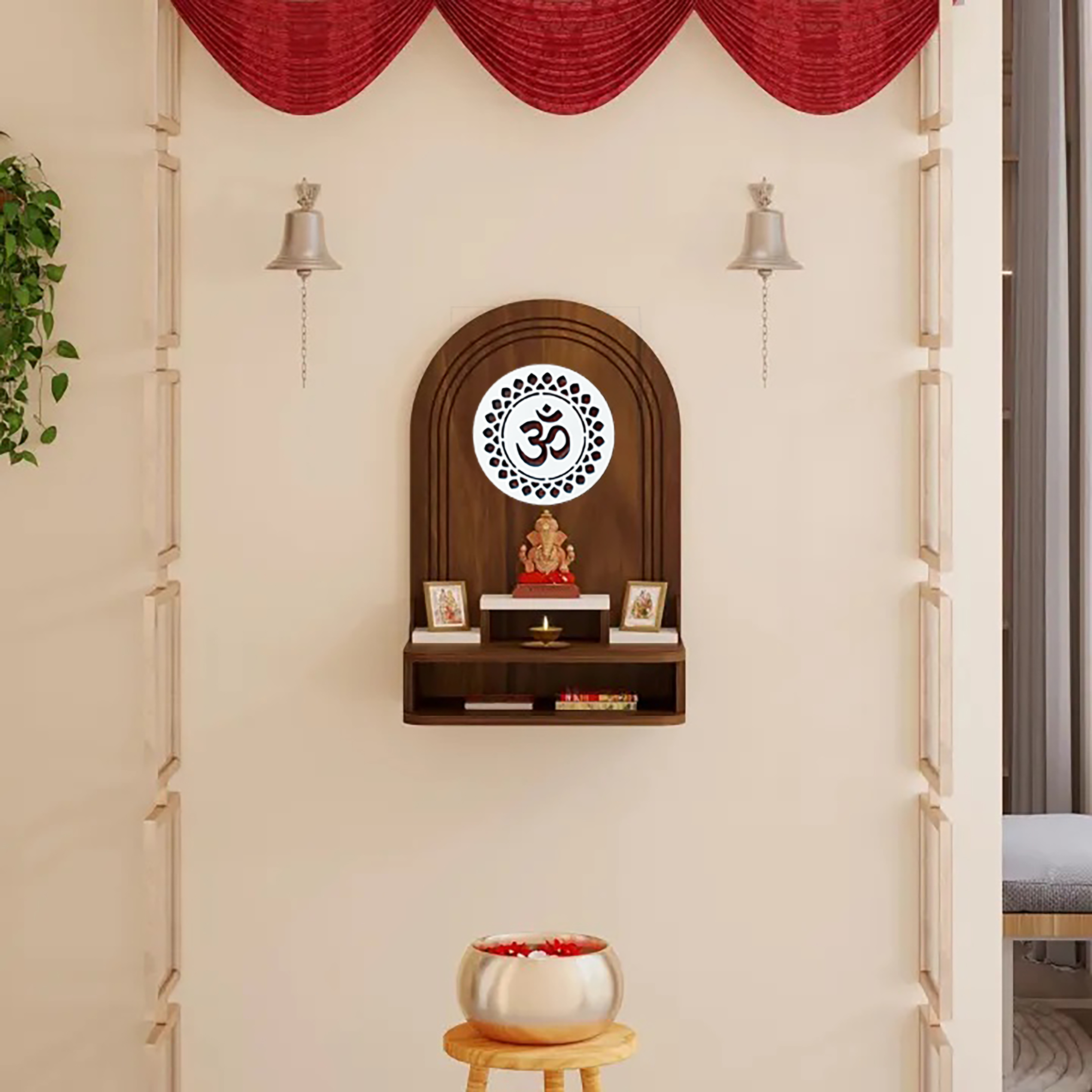 Removable Storage Data Roval Temple Wooden Home and Office Mandir Wall Mounted Pooja Stand ...