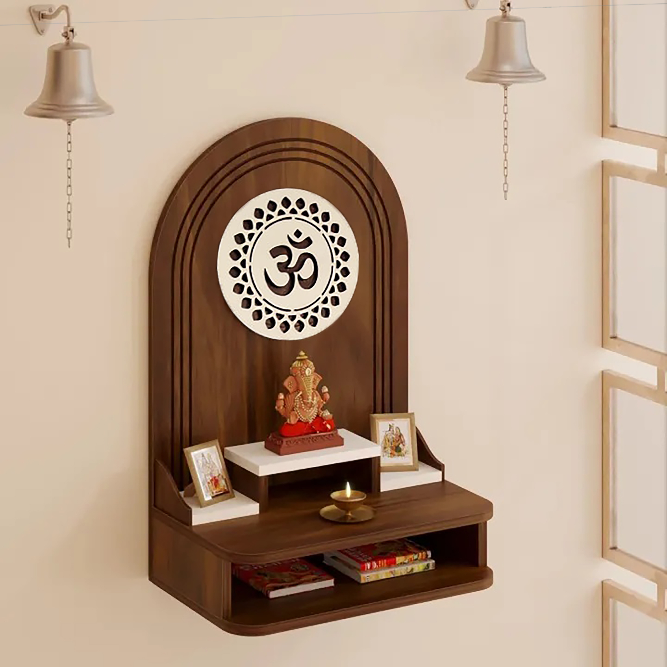 Removable Storage Data Roval Temple Wooden Home and Office Mandir Wall Mounted Pooja Stand ...